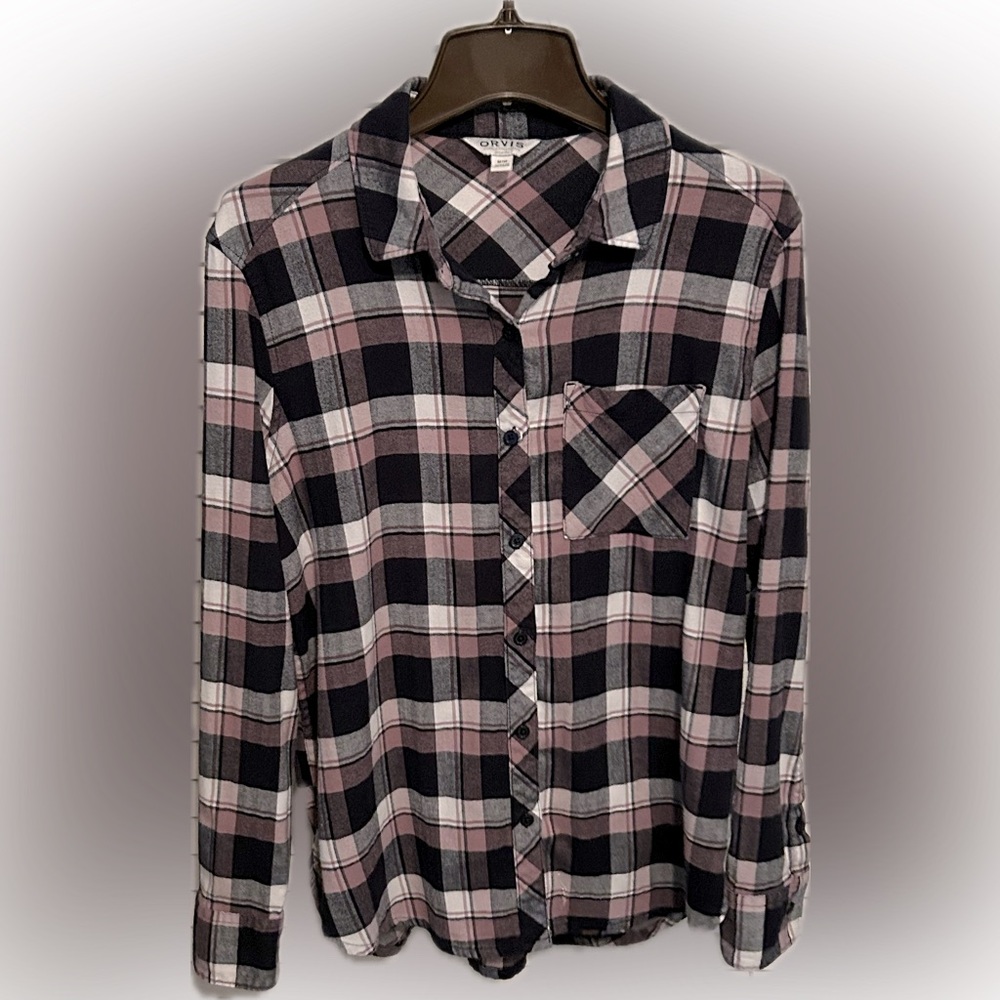Orvis Plaid Flannel Button-Down Shirt Blue & Mauve Long Back Women’s Size M EUC